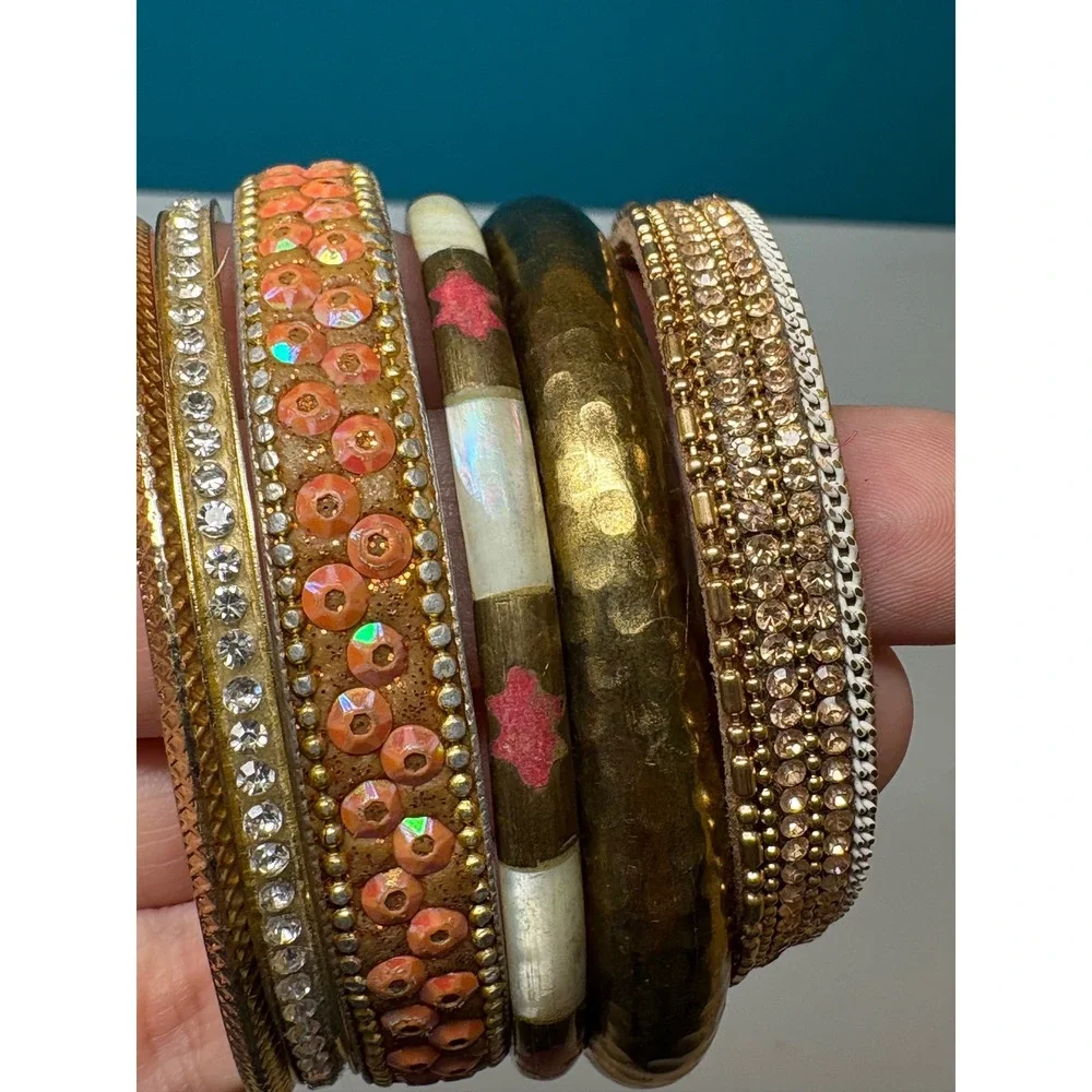 Mixed Gold Tone Boho Bangle Bracelet Set Rhinestone Shell Sequin 6pc Stack
